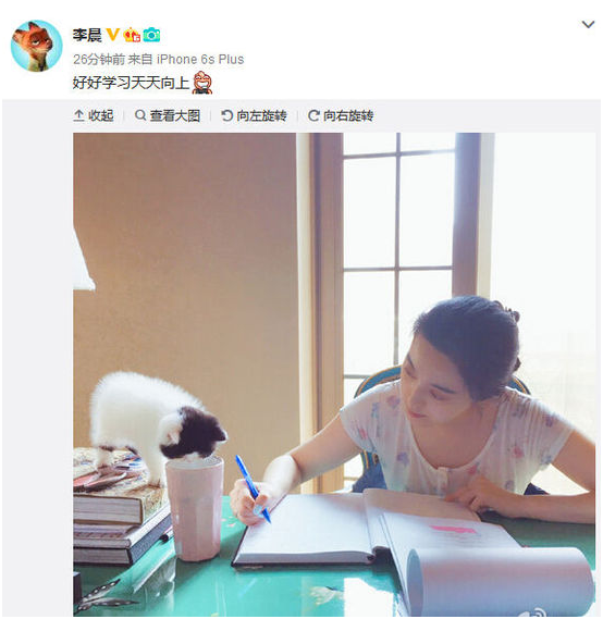 什么?范冰冰素颜照曝光?近日,李晨在微博上晒出一张范冰冰的素颜照,照片上的范爷坐在桌前写字,穿着家居装,脸上毫无修饰,而桌旁立着一只小猫点缀,画面场景温馨有爱。 李晨晒范冰冰素颜照 今日,李晨在网上晒出一张范冰冰素颜在家写字的照片,照片中范冰冰穿着普通的家居服,边写字边看着旁边的小猫,显得温馨有爱。他配文道:“好好学习天天向上”。网友纷纷表示:“冷冷的狗粮在脸上胡乱的拍”“老李头的幸福生活”“你老婆素颜也好看,不愧是我女